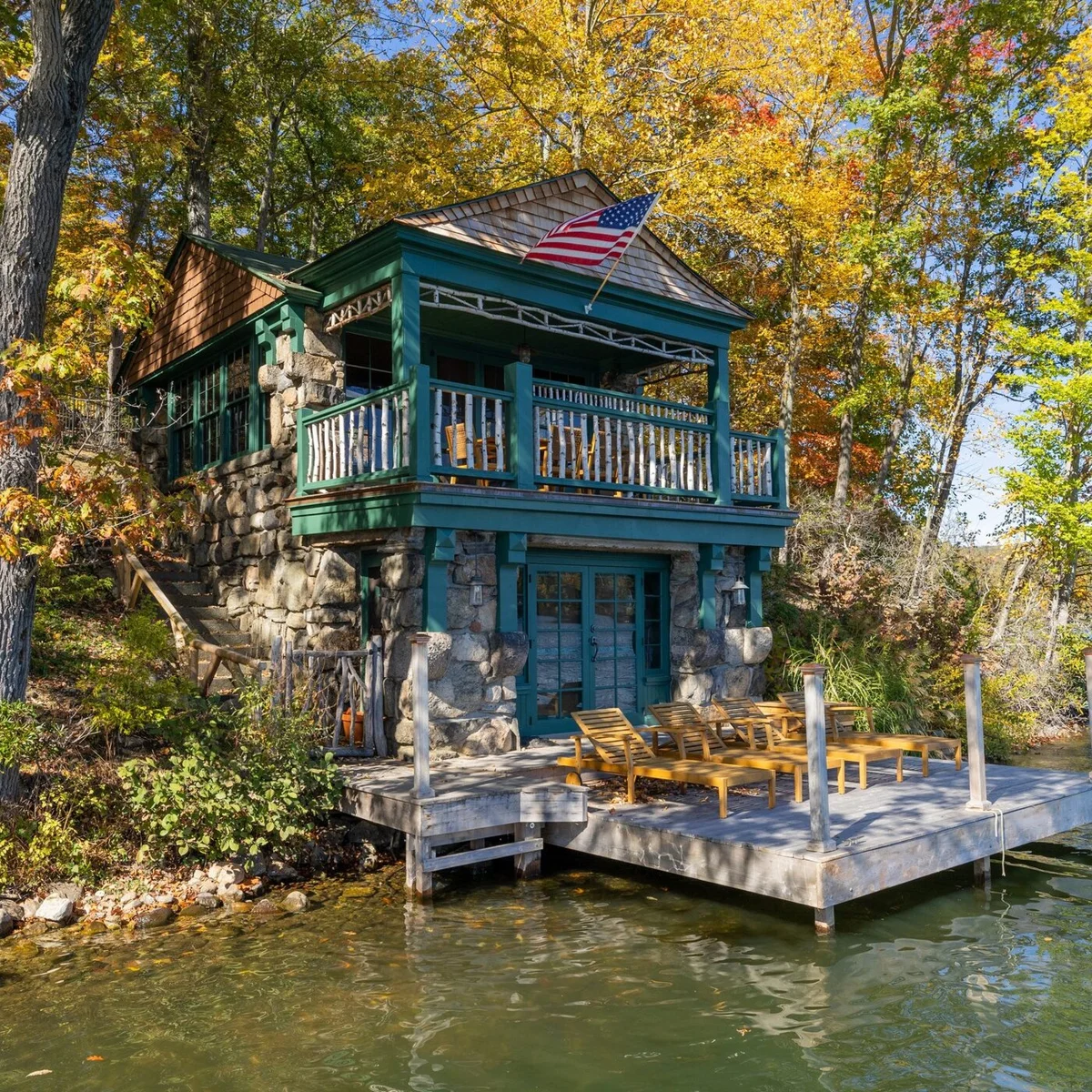 David and Robin McFadden’s historic boathouse on Tuxedo Lake in Tuxedo Park
